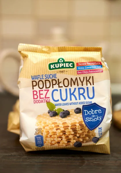Vertical Closeup Bag Polish Kupiec Brand Crunchy Wafers Sugar — Stock Photo, Image