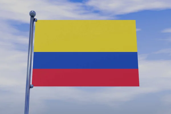 青い空にスナップフック付きクロームの旗竿を持つコロンビアの旗の3Dイラスト — ストック写真