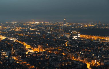 Büyük, modern bir şehrin büyüleyici bir gece ufku.