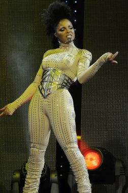 A closeup of Janet Jackson performing at the former Staples Center in Los Angeles
