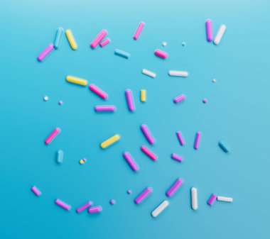A 3D illustration of sprinkles on light blue background