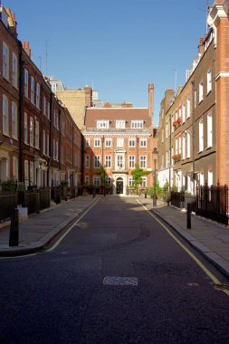 A vertical shot of a sunny empty street with buildings in Westminster, London, UK against a blue sky