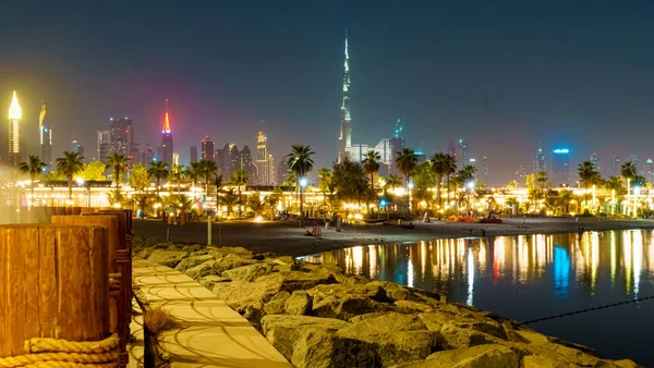 Scenic View Downtown Dubai Burj Khalifa Skyscraper Illuminated Lights Night — Stock Photo, Image