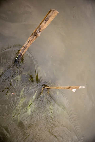 River Water Passing Two Bamboo Digged Low Water River — Stock Photo, Image