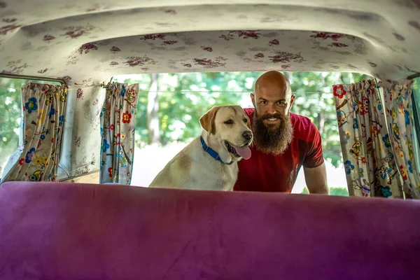 Man Playing His Labrador Retriever Dog Car Forest —  Fotos de Stock