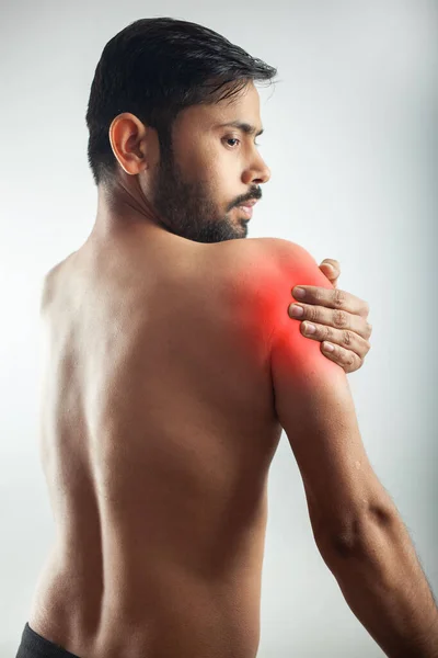 Joint Pain Arthritis Tendon Problems Man Holding Shoulder Injury Highlighted — Stock Photo, Image