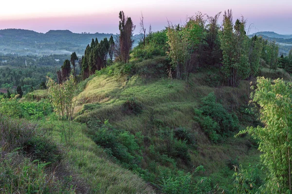 A beautiful landscape view of green hills with trees and plants with orange mountains on the horizon