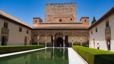A beautiful view of rectangular garden in the Court of the Myrtles, Alhambra palace complex, Granada, Spain