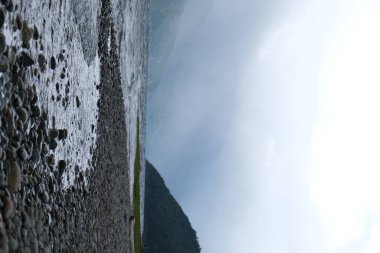 Bulutlu bir gökyüzünün altındaki kayalık bir sahilin dikey görüntüsü.