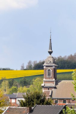Mavi gökyüzünün altında tarlaları olan güzel bir kilise manzarası.