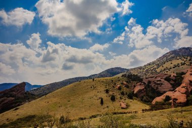 The beautiful landscape with rough rocks and hills. Red Rocks Park. Colorado, United States.