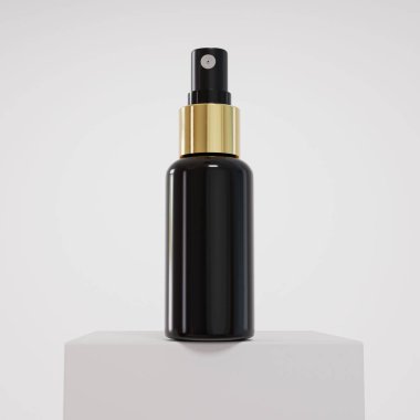 A 3d rendering of a plastic spray bottle on a cube podium isolated on white background