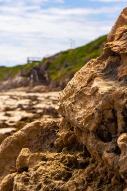 Arka planda bulanık uçurum olan bir kayanın jeolojik oluşum detaylarının yakın çekimi.