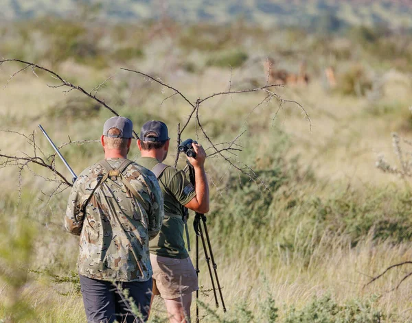 Widok Tyłu Afrykańskich Myśliwych Obserwujących Grupę Dzikich Zwierząt Kraju Windhoek — Zdjęcie stockowe
