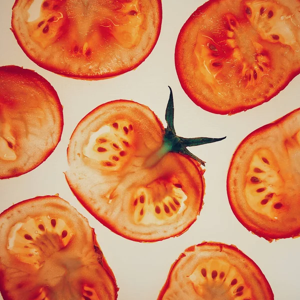 Flat Lay Tomato Slices White Background — kuvapankkivalokuva