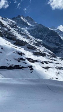 İsviçre 'deki güzel karlı dağların dikey görüntüsü.