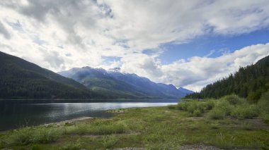 View from the grassy foreshore of a lake and the distant snow capped mountains and dramatic sky.