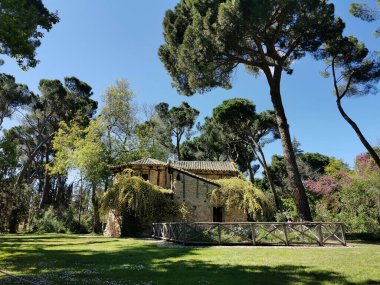 A low angle shot of a hut in a beautiful garden surrounded by tall trees in El Capricho park