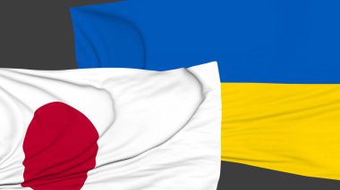 A closeup shot of the flags of Japan and Ukraine on the dark background