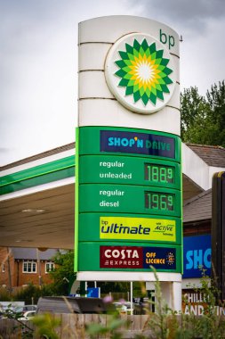 Reading, United Kingdom - June 19 2022: BP Petrol Station Price Board showing high fuel costs