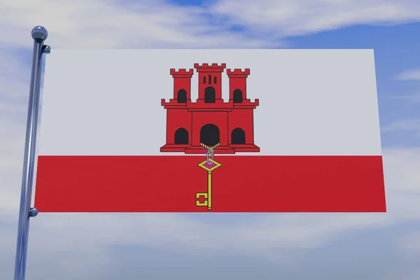 青い空にスナップフック付きクロームの旗竿を持つジブラルタルの旗の3Dイラスト — ストック写真