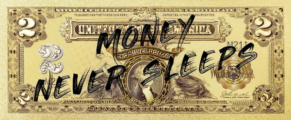 1899 Two Dollar Silver Certificate Writing Money Never Sleeps — Stock Photo, Image