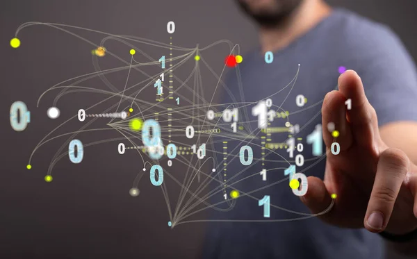 Hand Pointing Digital Binary Codes Concept Lines Futuristic Data Flow — Foto de Stock