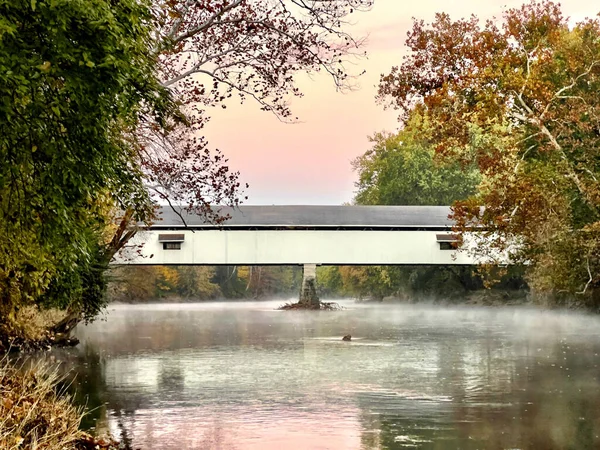 Sunrise Old Covered Bridge White River Fall Day Indiana — Stock Photo, Image