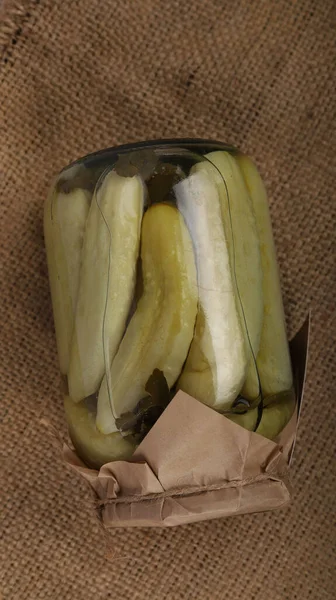 Vertical Shot Canned Cucumbers Fabric Texture Background — Fotografia de Stock