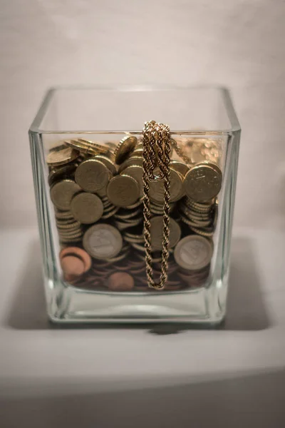 Closeup Euros Cents Glass Container — Stock Photo, Image