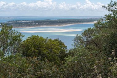 Portekiz 'deki bitkilerin büyümesinin arkasındaki deniz manzaralı Setubal şehrinin güzel bir görüntüsü.