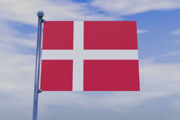 Illustration Danmarks Flagga Med Kromflaggstång Med Knäppkrokar Blå Himmel — Stockfoto
