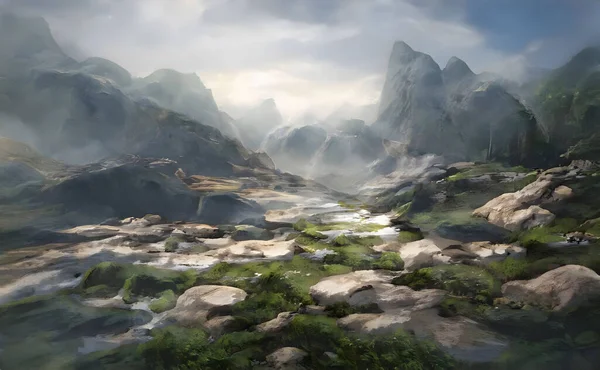 A beautiful painting of a river flowing through rocks covered with greenery against mountains in fog