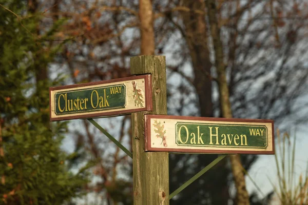 Closeup Direction Road Signs Cluster Oak Oak Haven — Stok fotoğraf