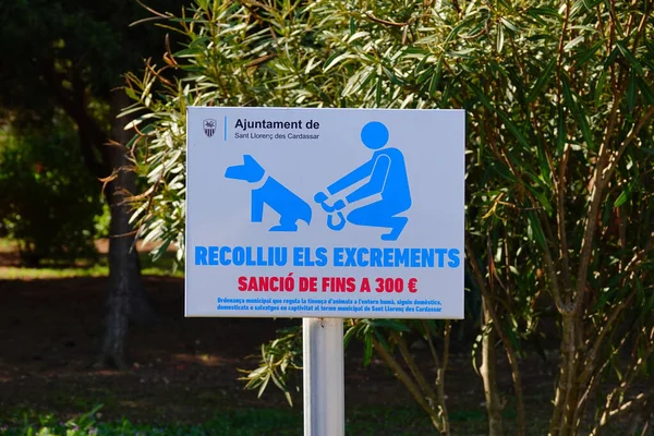 图为一个标志 要求你在马洛尔肯公园收集狗排泄物 或支付罚款 — 图库照片