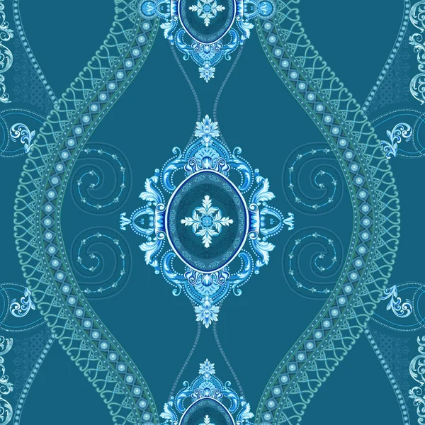 Бесшовный Винтажный Узор Красочный Орнамент Синем Фоне — стоковое фото