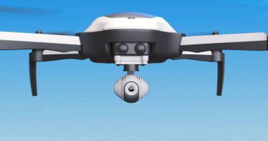 An expensive drone isolated on the blue sky background