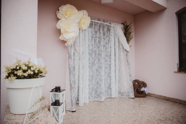 A view of house interior decorated for wedding with flowers