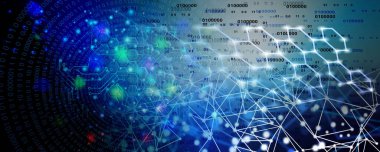 An illustration of a blue abstract digital background with code numbers and connection lines