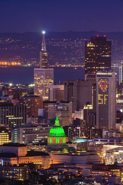 A vertical shot of the illuminated skyline of San Francisco