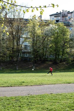 A boy playing with ball on the outdoors grass
