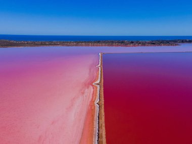 An aerial view of Hutt Lagoon pink lake and the Indian ocean