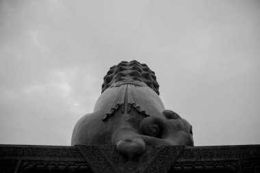 A low angle shot of a bronze lion statue seen from behind in the Hall of Supreme Harmony in the Forbidden City, China