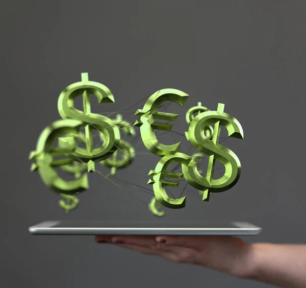 Rendered Green Dollar Euro Symbols Hovering Person Hand Holding Tablet —  Fotos de Stock