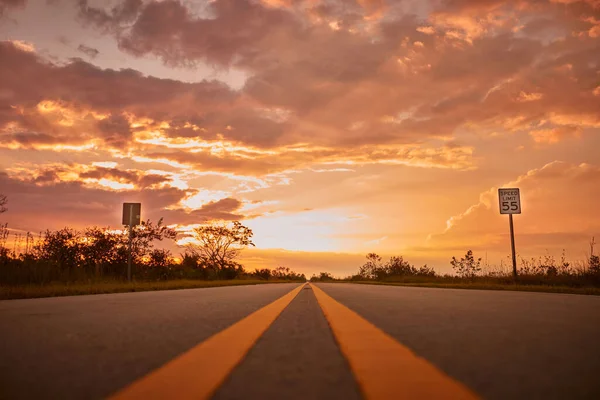 Scenic View Road Florida Everglades National Park Sunset Cloudy Sky — 스톡 사진