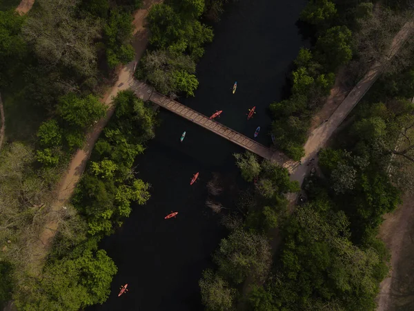 Aerial Shot Colorful Kayaks River — Zdjęcie stockowe