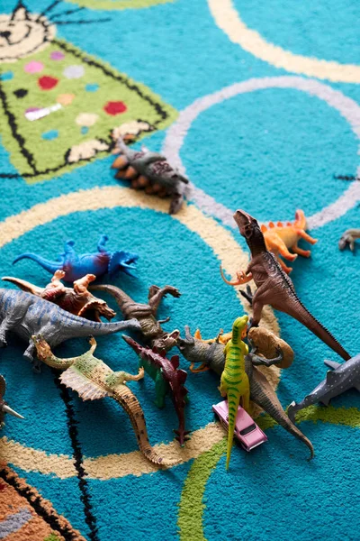 Collection Branded Toy Dinosaur Figurines Decorated Carpet — Stock Photo, Image