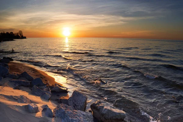 Scene Orange Sunrise Lake Huron Waves Summer — Foto de Stock