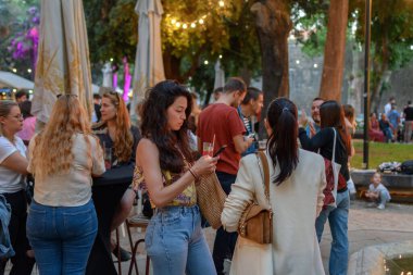A view of crowds of people at a street food festival in park in Split, Croatia