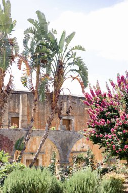 A vertical shot of the ancient Agia Triada Monastery in Crete, Greece surrounded by lush palm trees
